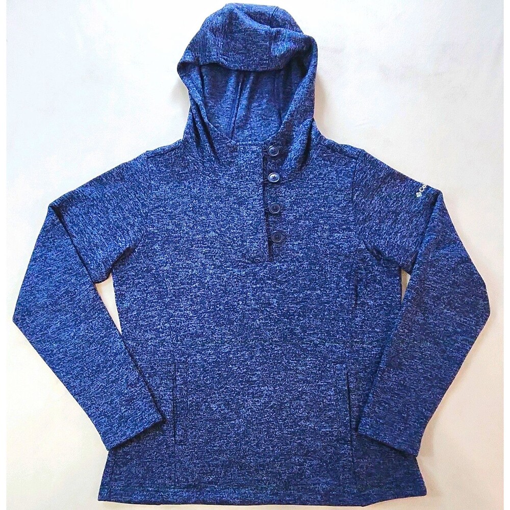 Columbia Men's Blue Heathered Henley Button Pullover Hoodie, Long Sleeve L